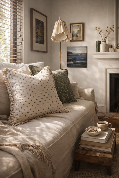 Cojín beige mini print con Ruffles