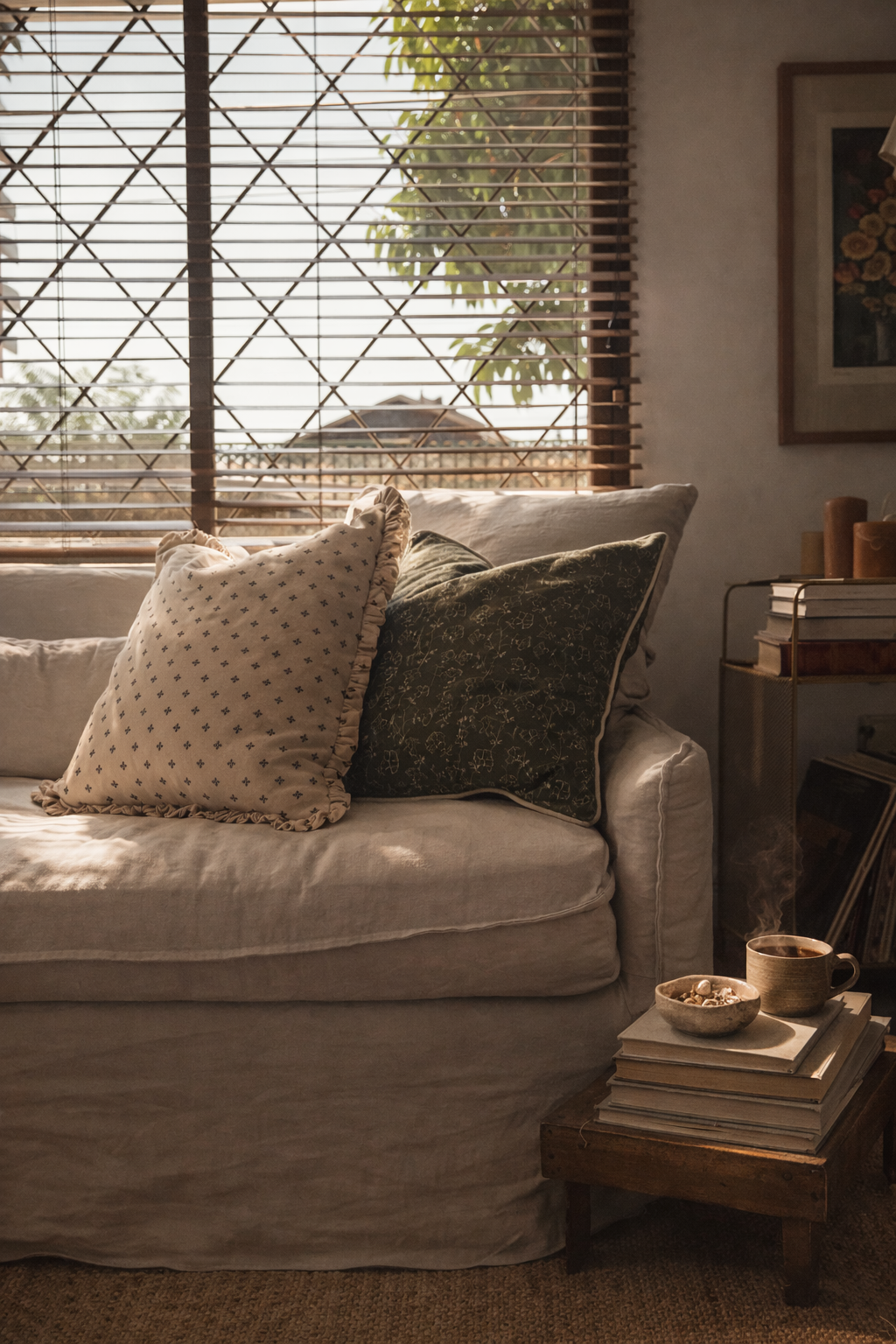 Cojín floral verde con pipping