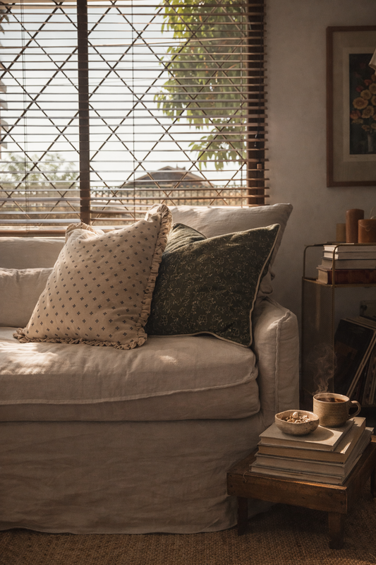 Cojín floral verde con pipping