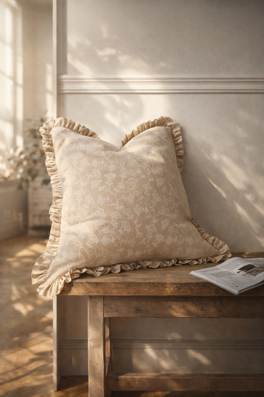 Cojín floral beige con Ruffles